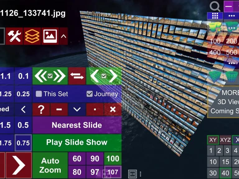 Screenshot of Album3D Grid View. Slide Show Controls visible in the bottom left corner, Info Controls - in the top-right corner, View Controls - on the right side.